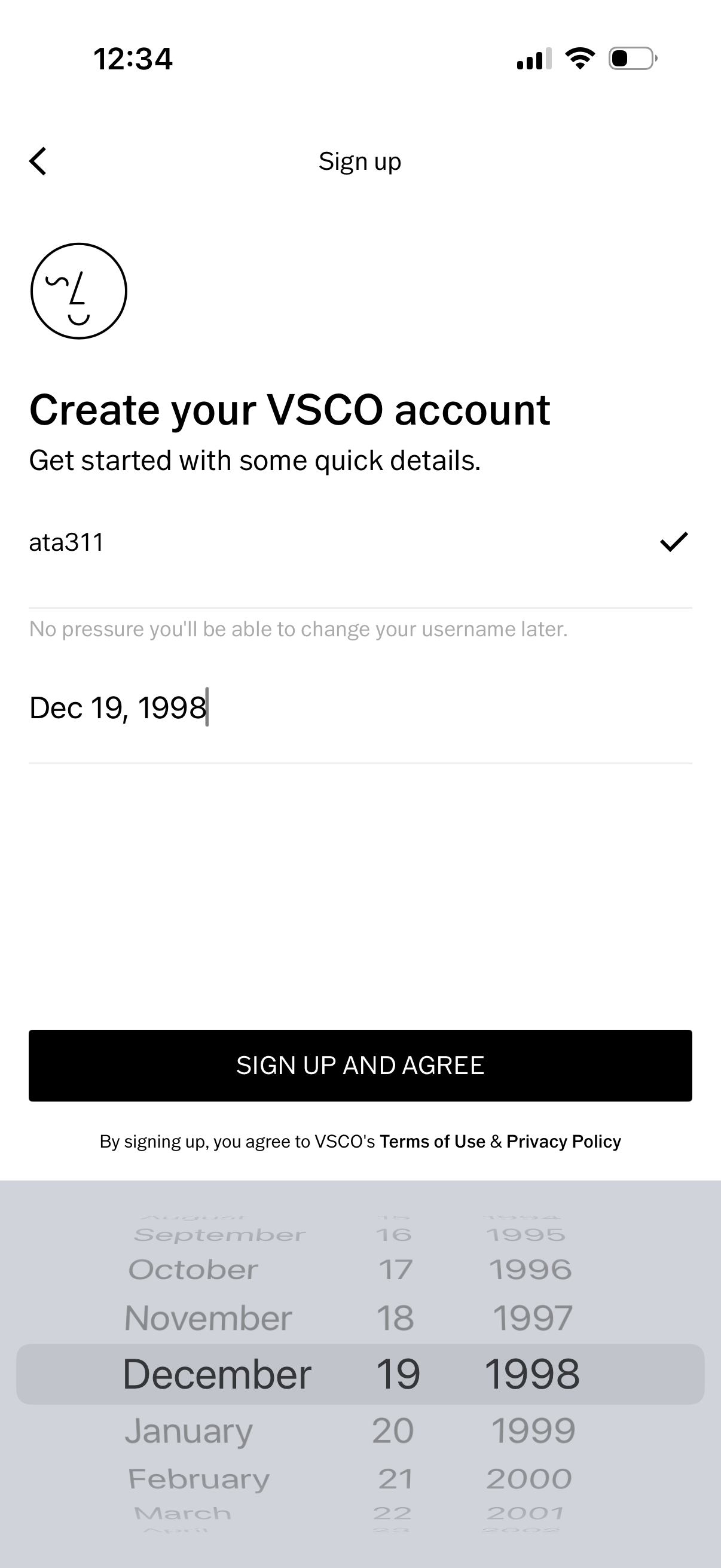vsco signup screenshot